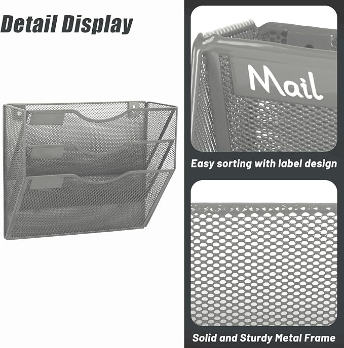 EASEPRES 3 Pocket Mesh Hanging Wall File Organizer, Wall Mounted Mail Paper Document Folder Holder, Clipboard Storage Organization Magazine Rack with Nametag Label for Office Home School, Gray-DeskLoop Office