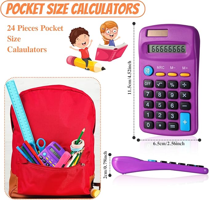 24 Pieces Basic Calculators for Students Small Pocket Size 8 Digit Display Mini Calculators Dual Powered Handheld for School Desktop Home(Purple)-DeskLoop Office