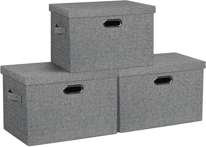 Large 17" 36 Quart Collapsible Stackable Storage Bins with Lids, 3 Packs Black and White Mix Linen Fabric Closet Boxes with Lids, Storage Cube Baskets Container Organizers (17x12x11)-DeskLoop Office