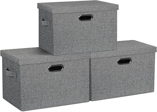 Large 17" 36 Quart Collapsible Stackable Storage Bins with Lids, 3 Packs Black and White Mix Linen Fabric Closet Boxes with Lids, Storage Cube Baskets Container Organizers (17x12x11)-DeskLoop Office