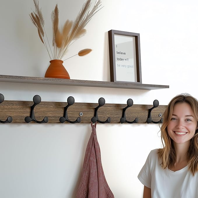 SKOLOO 43-Inch Wood Burnt Coat Rack Wall Mount with 8 Triple Hooks - Ideal for Family Entrances, Classrooms, and Pet Supplies Storage - Perfect Coat Hooks for Wall, Pack of 2-DeskLoop Office