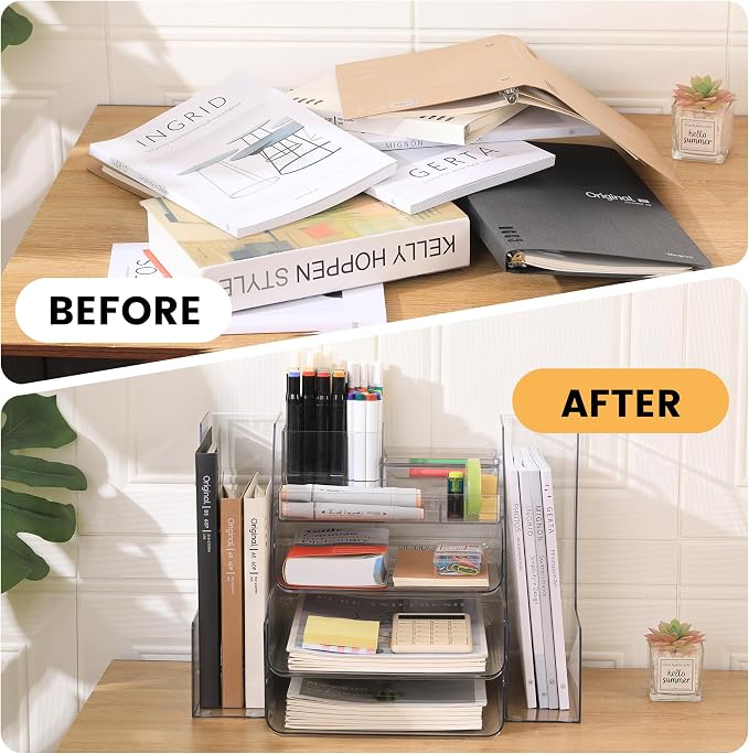 CiWiVOKi Desk Organizer with 2 Vertical File Holder, 4 Tier Stackable Paper - Image 7