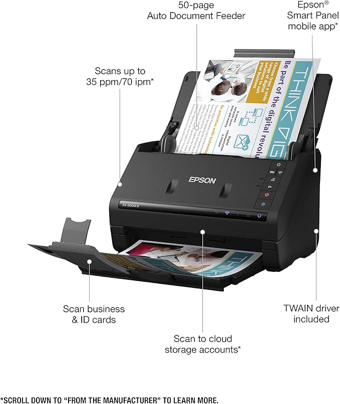 Epson Workforce ES-500W II Wireless Color Duplex Desktop Document Scanner for PC and Mac, with Auto Document Feeder (ADF) and Scan from Smartphone or Tablet (Renewed)-DeskLoop Office