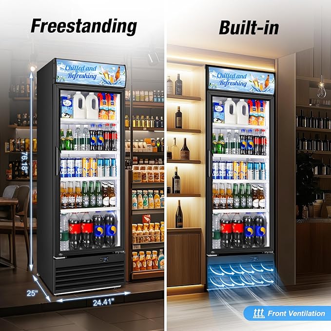 Commercial Beverage Refrigerator, 24 Inch Beverage Fridge, 15 Cu. Ft. Drink Fridge, Display Refrigerator Glass Door, Commercial Display Fridge with Customizable Light Box for Shops, Restaurants, Bars-DeskLoop Office
