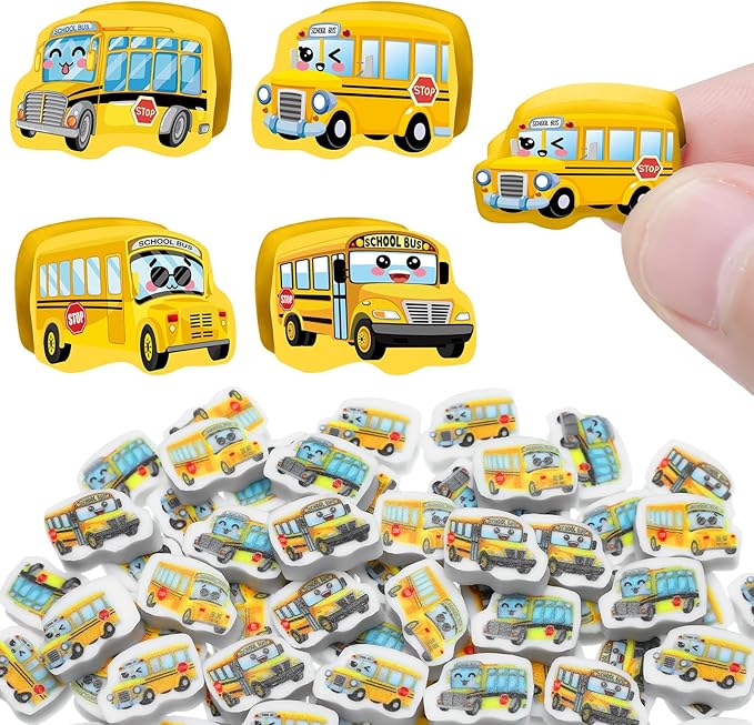 PerKoop 60 Pcs Mini Erasers for Kids Cute School Bus Erasers Bulk Welcome Back to School Gifts for Students Classroom Rewards Prizes Party Favors-DeskLoop Office