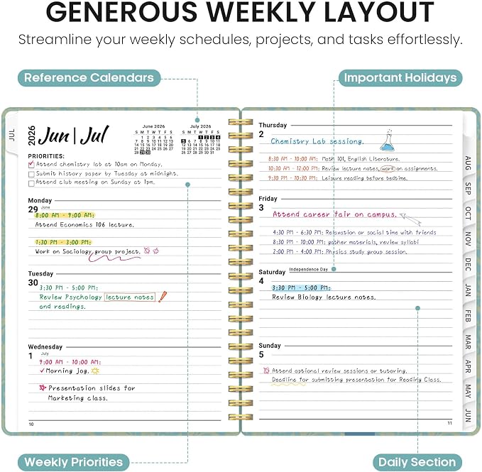 Planner 2026–2027, Academic Monthly Weekly Spiral Calendar, July 2026 – June - Image 3