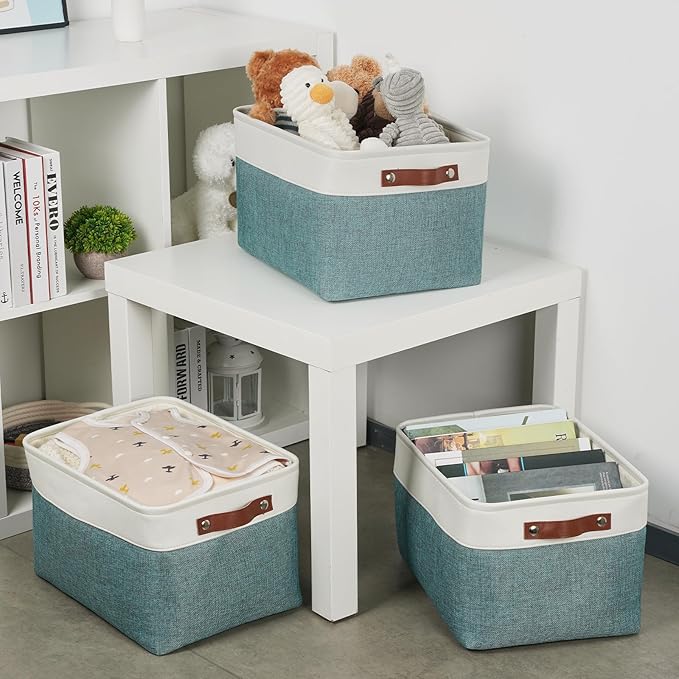 DULLEMELO Storage Baskets for Organizing,Rectangular Fabric Storage Bins with Handles for Office,Bedroom(3-Pack -15 inch X 11 inch X 9.5 inch, White&Dark Green)-DeskLoop Office