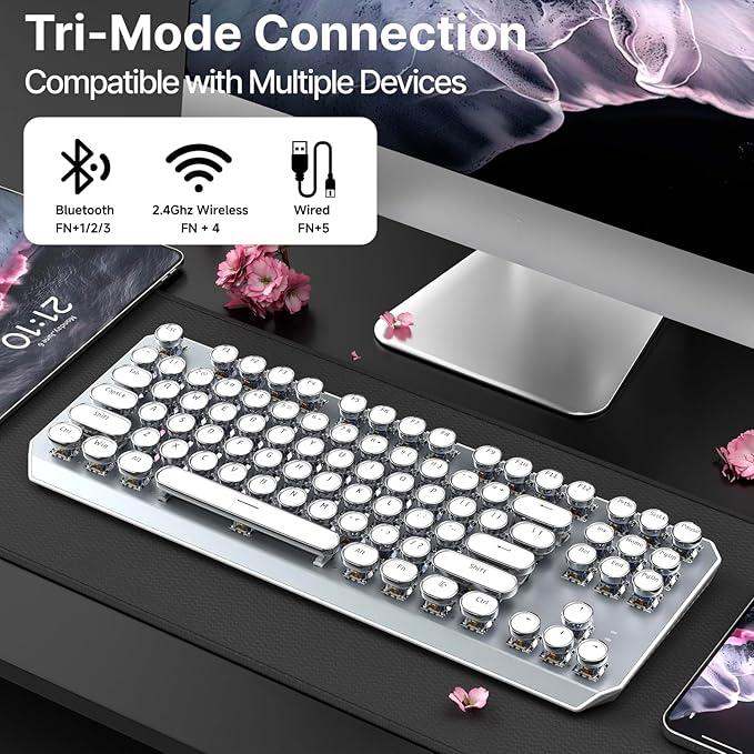 EWEADN Wireless Mechanical Typewriter Keyboard,80% Layout with White Backlit, Anti-Ghosting, Blue Switch Bluetooth/2.4GHz/USB-C Aesthetic Keyboard-White-DeskLoop Office
