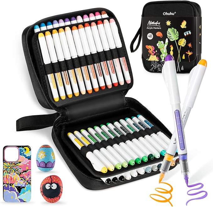 Ohuhu Acrylic Paint Markers Brush Tip: 48 Pack Automatic Ink Control Acrylic by Ohuhu