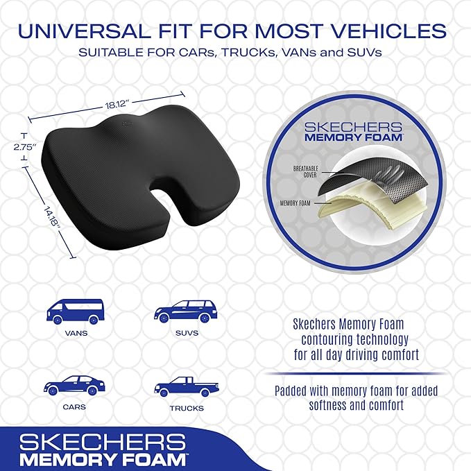 Skechers Memory Foam Seat Cushion,Office Chair Cushion for Tailbone Pain Relief,Butt Pillow for Office Chair,Car seat Cushion,Computer Desk,Long Sitting Office Workers,and Car Drivers,Black-DeskLoop Office