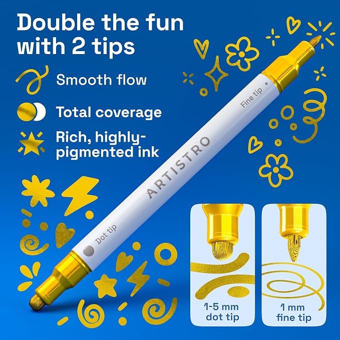 ARTISTRO 5 Gold Dual-Tip Acrylic Paint Markers – Paint Pens Set - Image 2