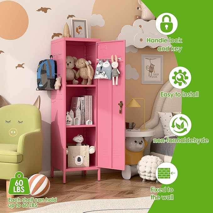 Aobabo Metal 54" H Metal Storage Locker for Employees, Lockable 1 Door with Towel Rack and 2 Side Pegboards with Hooks for School Office Gym Home, Assembly Required (Pink)-DeskLoop Office