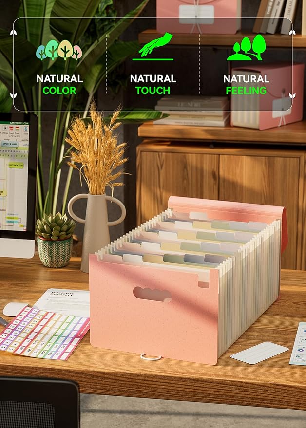 Accordion File Organizer, 26 Pockets Wheat Straw Expanding File Folder, Monthly Bill Receipt Organizer,A-Z Tabs,100% BPA Free,Return to Nature Healthy Living,Letter/A4 Size - Strawberry Pink