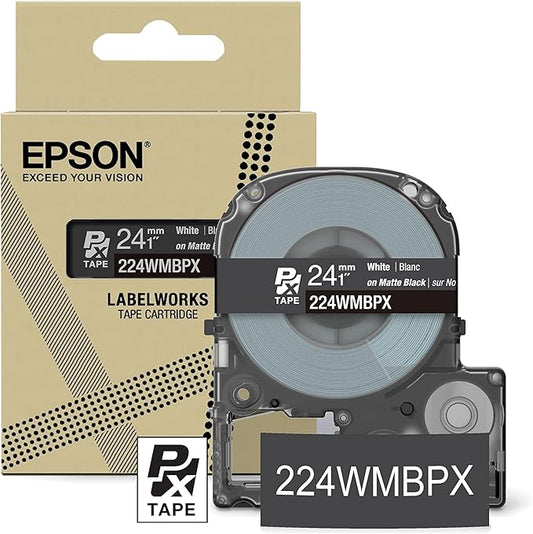 Epson LABELWORKS 224WMBPX Genuine PET (Polyester) Tape Cartridge - White on Matte Black Designer Craft Label Maker Tape - 1" (24MM) Wide, 26'-DeskLoop Office