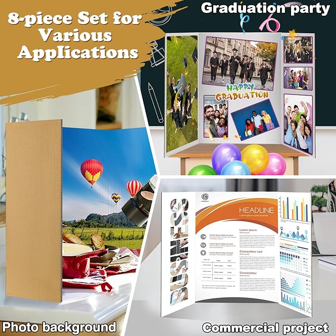 3단 포스터 보드 8개 - 40.6cm x 58.4cm(16인치 x 23인치) 소형 3단 접이식 디스플레이 보드 하드 & 두꺼운 화이트 프레젠테이션 판지 과학 박람회, 학교 프로젝트, 비즈니스 용품용-DeskLoop Office