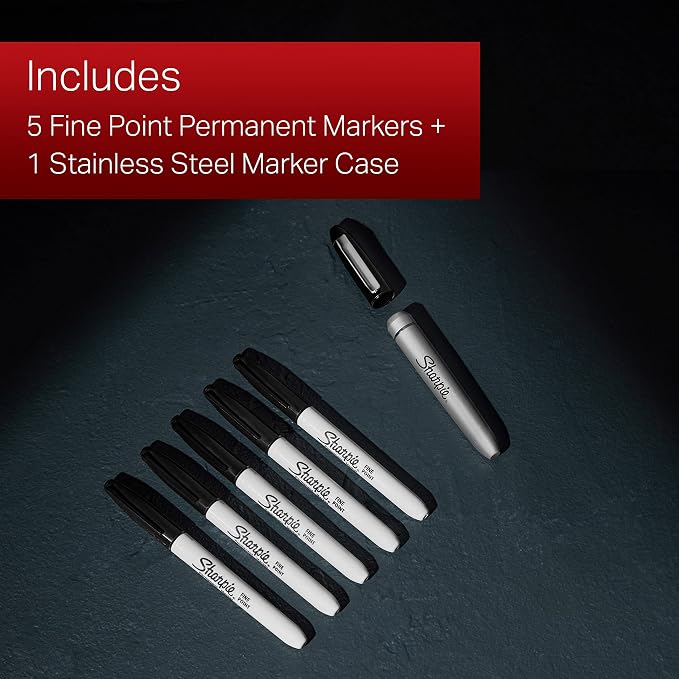 Sharpie Permanent Markers with Stainless Steel Marker Case Fine Point Black 6 - Image 4