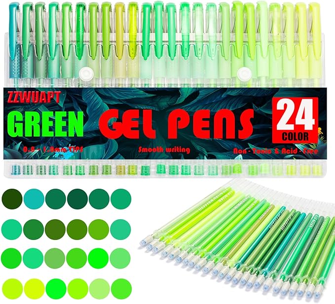 Green Gel Pens for Coloring Book,72 Color Gel Pens Set including 24 Color Gel Pen with 48 Refills,40% More Ink Colored Gel Pens for Drawing, Doodling, Scrapbook, Journaling-DeskLoop Office