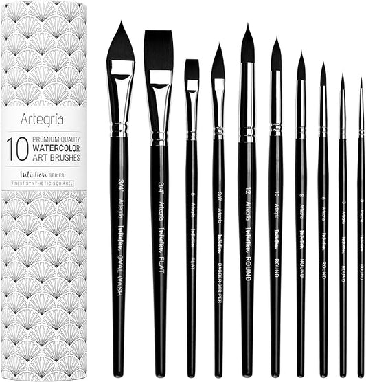 ARTEGRIA Watercolor Brush Set, 10 Professional Soft Synthetic Squirrel Paint Brushes, Including Pointed Rounds, Flats, Dagger, Oval Wash-DeskLoop Office