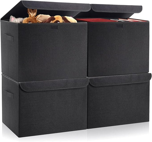 Large 22 Quart Linen Fabric Foldable Storage Bin Cube Organizer Basket with Flip-Top Lid & Handles, Clothes Blanket Box for Home, Office, Closet, Black, 4 Pack 14.6 x 9.5 x 9.5”-DeskLoop Office
