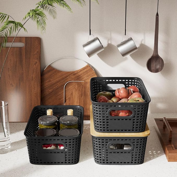 6Pcs Storage Bins with Lids, Stackable Plastic Storage Basket with Bamboo Lid - Image 5