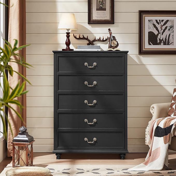 Farmhouse 5 Drawer Dresser for Bedroom, 45" Tall Rustic Chests of Drawers w/ 4 Solid Wood Feet, Mid Century Modern Wooden Closet Storage Dressers Organizer for Living Room, Hallway, Black-DeskLoop Office