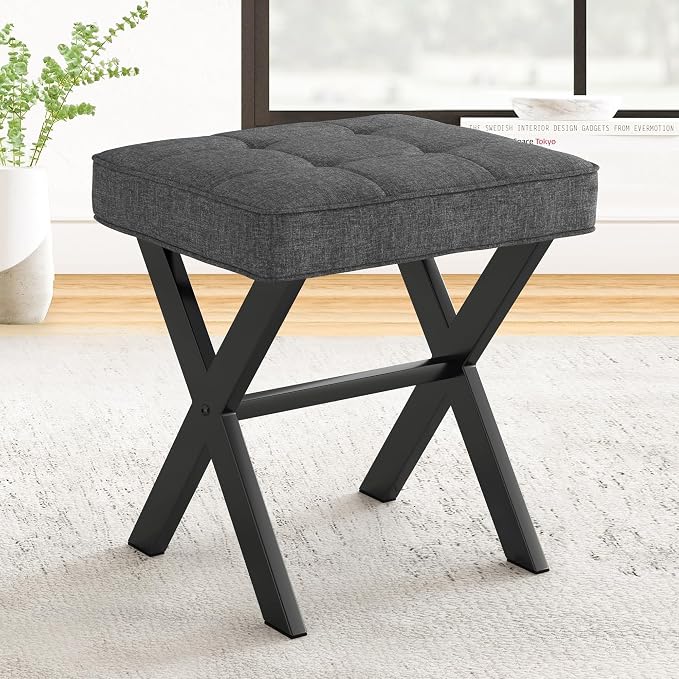 LUE BONA Vanity Stool, Square Linen Makeup Stool by LUEBONA