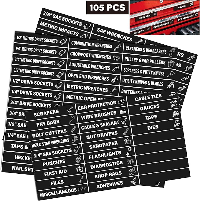 105 Pcs Magnetic Tool Box Labels, Heavy Duty Tool Chest Drawer Badges, 100 by EliteSign