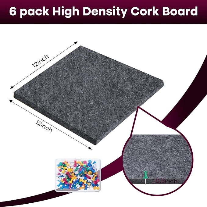 Bouiexye Felt Cork Board Tiles 6 Pack Grey Bulletin Boards 12"x12" - Image 2