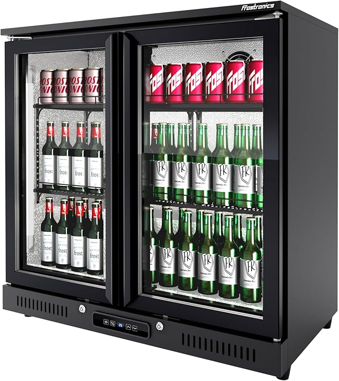 36 inch 206 cans Duo Hinged Door Back Bar Beverage Cooler, 6.75 cu. ft. Under Counter Glass Door Bar Fridge with hinged doors, lockable, 32-50°F Display Refrigerator, ETL Certified, Black-DeskLoop Office