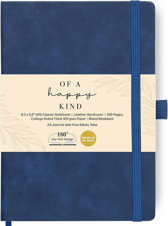 A5 Lined Leather Bound Writing Journal Blue Notebook 300 Pages 5.8x8.3" | by Unknown
