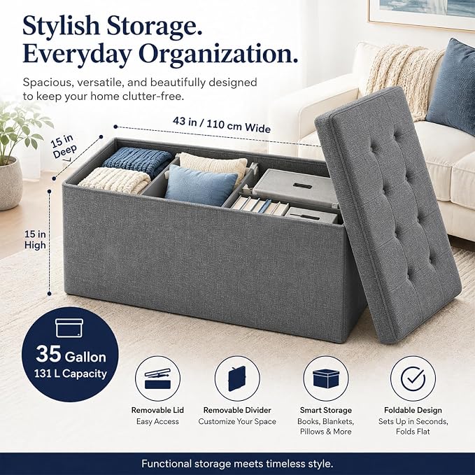 ALASDO 43 Inch Folding Storage Ottoman Bench - Image 5