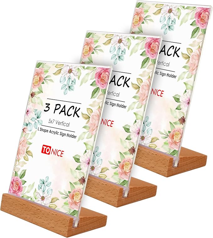 TONICE® 3 Pack 5x7 Acrylic Sign Holder Slant Back Design L Shape Clear Acrylic by TONICE
