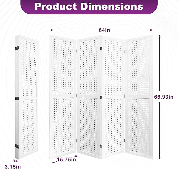 Room Divider, 5.6FT Folding Room Divider Panel, 4 Panel Pegboard Display Wood Partition Wall Divider for Room Separation& Craft Shows, White-DeskLoop Office