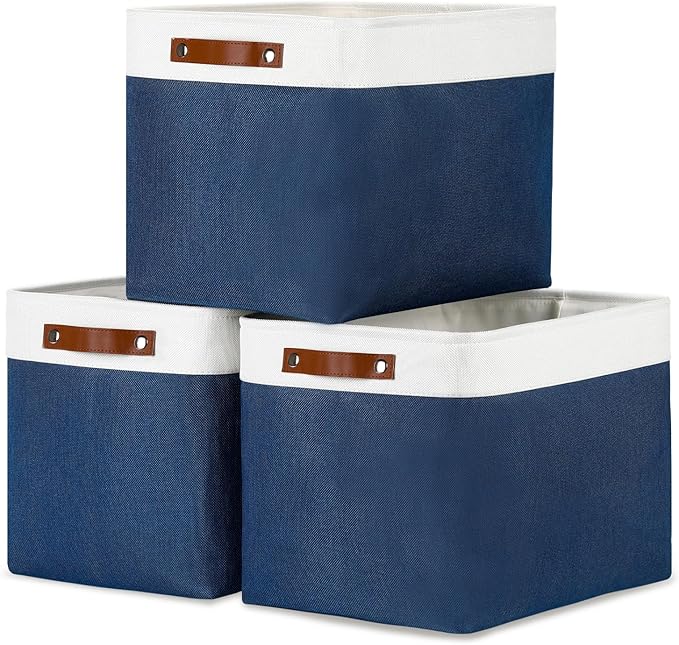 DULLEMELO Large Storage Baskets with Leather Handles for Linen Closet and Home Office, Decorative Baskets for Toys Storage (White & Blue)-DeskLoop Office