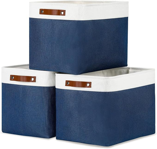 DULLEMELO Large Storage Baskets with Leather Handles for Linen Closet and Home Office, Decorative Baskets for Toys Storage (White & Blue)-DeskLoop Office
