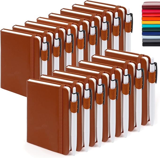 feela 15 Pack Pocket Small Notebooks Bulk, Mini Cute Notepads Hardcover College Ruled Lined Journals with Pen Holder for School Business Memos, with 15 Black Pens, 3.5”x 5.5”, A6, Brown-DeskLoop Office
