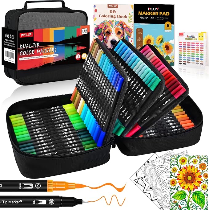 Dual Brush Marker Pens, 128 Colors Art Markers Set by IVSUN