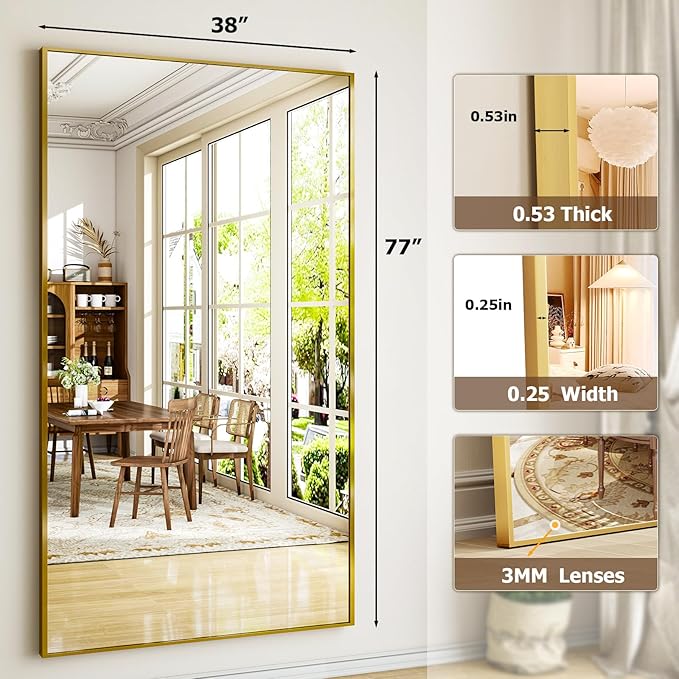 Full Length Mirror with Stand 38"x77" Full Body Mirror Floor Mirror Standing Hanging or Leaning Wall, Wall Mirror with Stand Aluminum Alloy Frame for Living Room Bedroom Cloakroom,Gold-DeskLoop Office