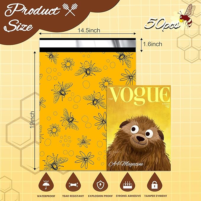 Bees Poly Mailer 14.5x19 Inch 50 Pcs, Waterproof Shipping Bags for Clothing, Tear-Resistant Mailier Bags, Strong Mailing Bags with Self-Seal-DeskLoop Office