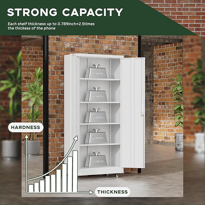 Greenvelly 73" Metal Storage Cabinet with Wheel and Pegboard, Lockable White Metal Garage Cabinets with 2 Doors and 4 Adjustable Shelves, Rolling Steel Tool Cabinet for Garage, Home Office, School-DeskLoop Office