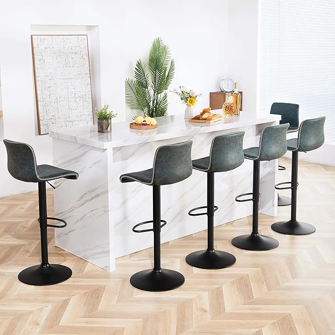 HeuGah Bar Stools Set of 6, Swivel Counter Height Barstools with Back, Adjustable Height 24" to 32", Faux Leather Bar Chairs for Kitchen Island (Deep Teal, Set of 6 (24'' to 32''))-DeskLoop Office