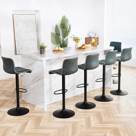 HeuGah Bar Stools Set of 6, Swivel Counter Height Barstools with Back, Adjustable Height 24" to 32", Faux Leather Bar Chairs for Kitchen Island (Deep Teal, Set of 6 (24'' to 32''))-DeskLoop Office