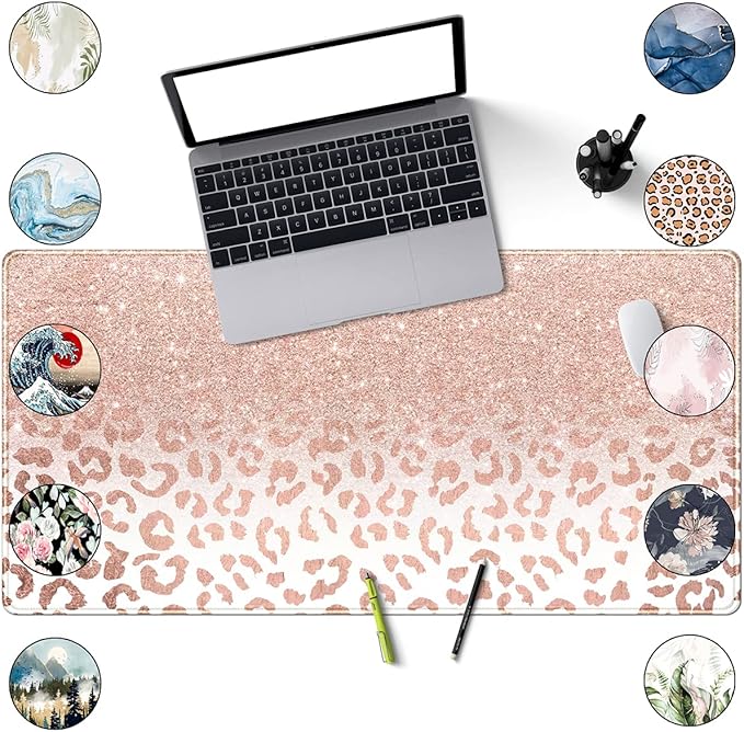 Desk Mat XXL Mouse pad, Pink Rose Gold Leopard Print Office Supplies and Accessories Decor for Women 31.5X15.75in,Stitched Edges Smooth Non-Slip Bottom, Large pad-DeskLoop Office