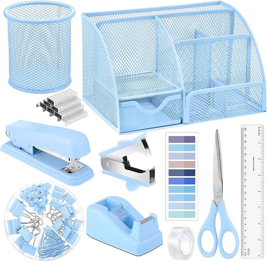 11 In 1 Blue Desk Organizer And Accessories, Light Blue Office Supplies Include by auroray