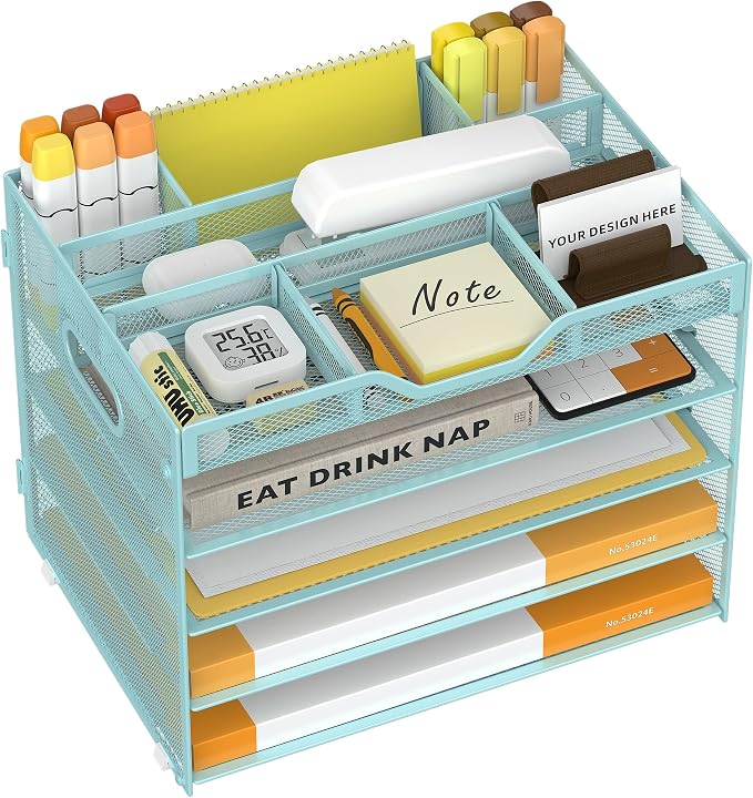 5 Tier Paper Letter Tray with 3 Drop-in Pen Holders, Mesh Desk File Organizer by OrgMate