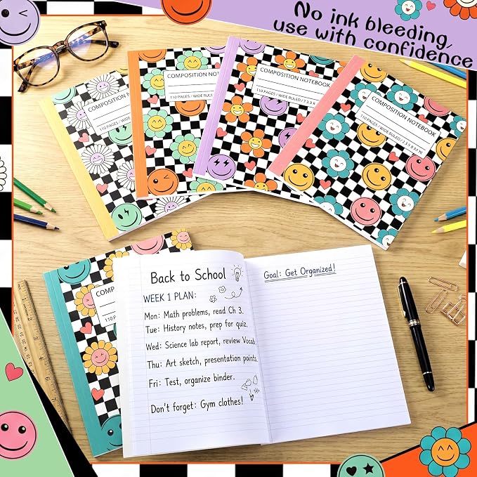 Fullhawl 6 Pcs Composition Notebook Wide Ruled Cute Preppy Black White - Image 3
