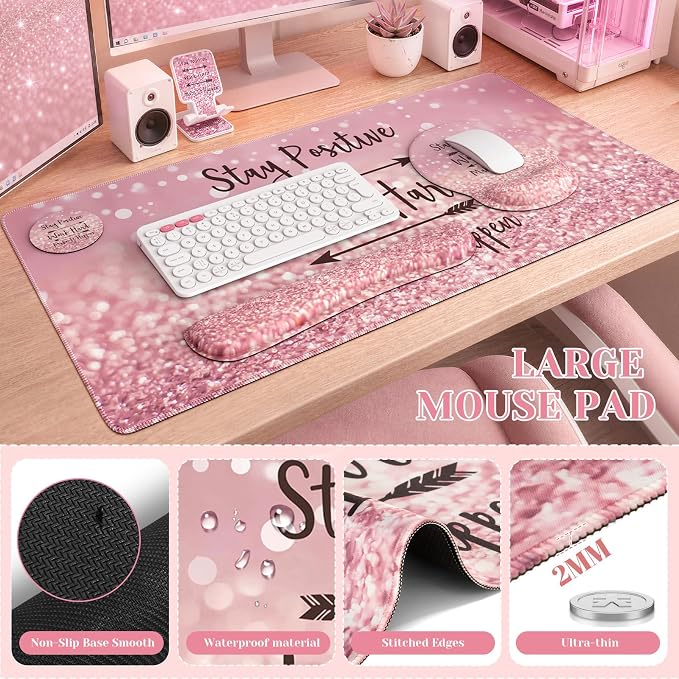 iCasso Mouse Pad, Large Pink Desk Mat Set, 4in1 XXL Mousepad + Keyboard Wrist - Image 6