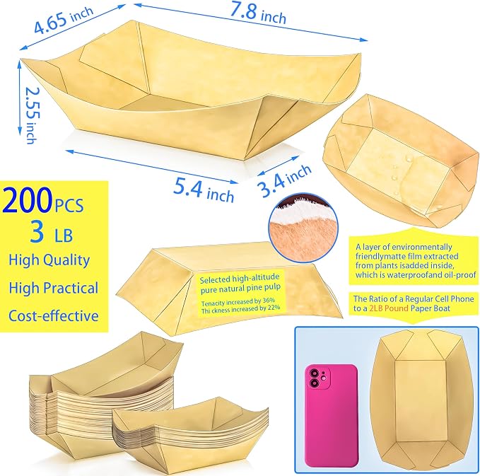 200 Pack 3LB Paper Food Boat Trays Disposable Paper Boat Containers, Heavy Duty - Image 2