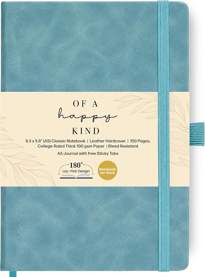 A5 Leather Notebook Journal Light Blue Lined Thick 300 Pages 5.8x8.3" | Leather by Unknown
