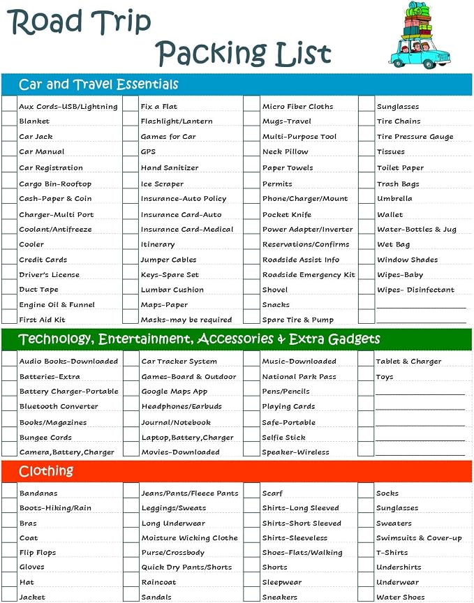 Ultimate Road Trip Planner Packing Checklist -Laminated & Double Sided by ZieglerWorld